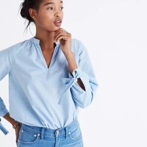 Maxwell Blue Striped Tie-Sleeve Popover Top